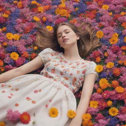 A beautifully animated scene of a girl lying peacefully on a carpet of vibrant flowers, their petals swaying gently in a brisk spring breeze.