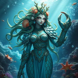 A stunning representation of a crab goddess, featuring a majestic figure adorned with intricate shell-like armor, green and blue hues reminiscent of the ocean