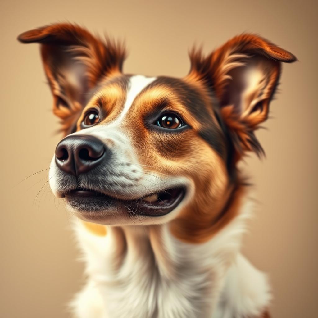 A realistic and expressive portrait of a dog, showcasing its unique features, fur texture, and personality