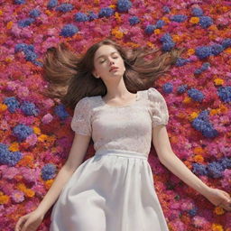 A beautifully animated scene of a girl lying peacefully on a carpet of vibrant flowers, their petals swaying gently in a brisk spring breeze.