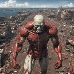 The Colossal Titan's transformation aftermath laying waste to the bustling harbor: ships shattered and homes crumbled to rubble, a scene of stark and powerful devastation.