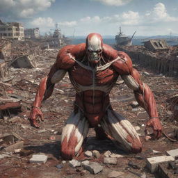 The Colossal Titan's transformation aftermath laying waste to the bustling harbor: ships shattered and homes crumbled to rubble, a scene of stark and powerful devastation.