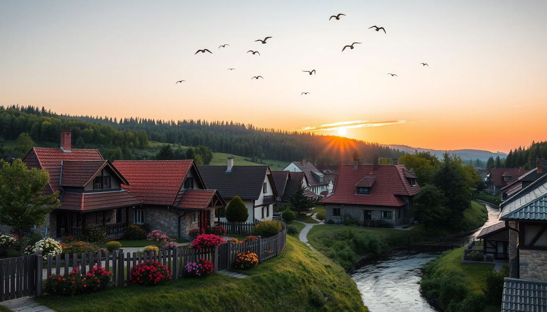 A picturesque scene of Eastern European landscapes, featuring rolling hills, quaint village houses with colorful roofs, and a beautiful sunset casting a warm glow across the sky