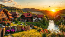 A picturesque scene of Eastern European landscapes, featuring rolling hills, quaint village houses with colorful roofs, and a beautiful sunset casting a warm glow across the sky