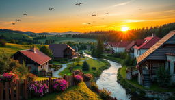 A picturesque scene of Eastern European landscapes, featuring rolling hills, quaint village houses with colorful roofs, and a beautiful sunset casting a warm glow across the sky