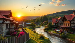 A picturesque scene of Eastern European landscapes, featuring rolling hills, quaint village houses with colorful roofs, and a beautiful sunset casting a warm glow across the sky