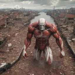 The Colossal Titan's transformation aftermath laying waste to the bustling harbor: ships shattered and homes crumbled to rubble, a scene of stark and powerful devastation.