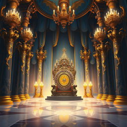 A magnificent royal throne room depicted in a detailed digital painting for a fantasy novel cover, featuring a grand throne adorned with jewels and intricate carvings, lavish gold and blue tapestries hanging from the high ceiling, and majestic pillars decorated with mythical creatures