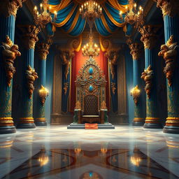 A magnificent royal throne room depicted in a detailed digital painting for a fantasy novel cover, featuring a grand throne adorned with jewels and intricate carvings, lavish gold and blue tapestries hanging from the high ceiling, and majestic pillars decorated with mythical creatures