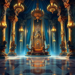 A magnificent royal throne room depicted in a detailed digital painting for a fantasy novel cover, featuring a grand throne adorned with jewels and intricate carvings, lavish gold and blue tapestries hanging from the high ceiling, and majestic pillars decorated with mythical creatures