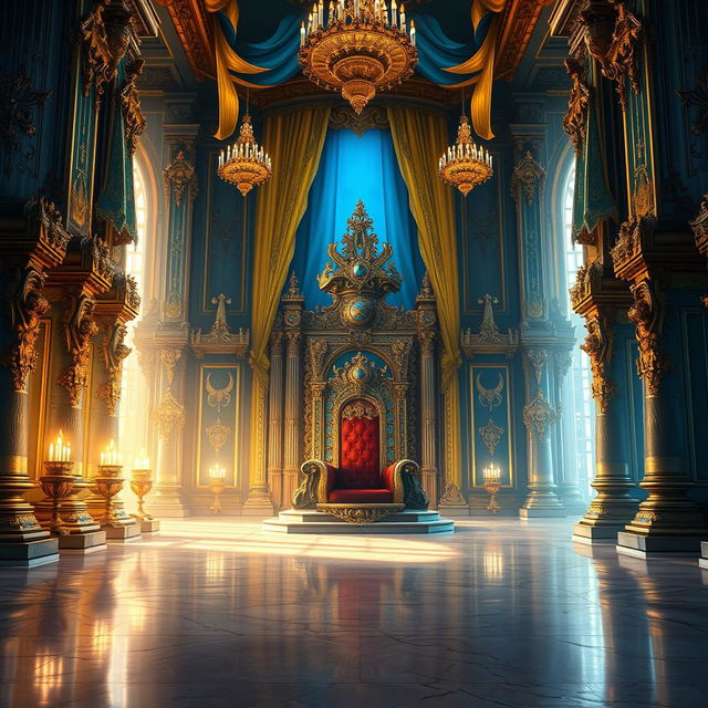 A magnificent royal throne room depicted in a detailed digital painting for a fantasy novel cover, featuring a grand throne adorned with jewels and intricate carvings, lavish gold and blue tapestries hanging from the high ceiling, and majestic pillars decorated with mythical creatures