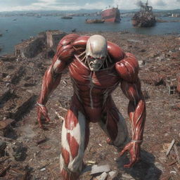 The Colossal Titan's transformation aftermath laying waste to the bustling harbor: ships shattered and homes crumbled to rubble, a scene of stark and powerful devastation.