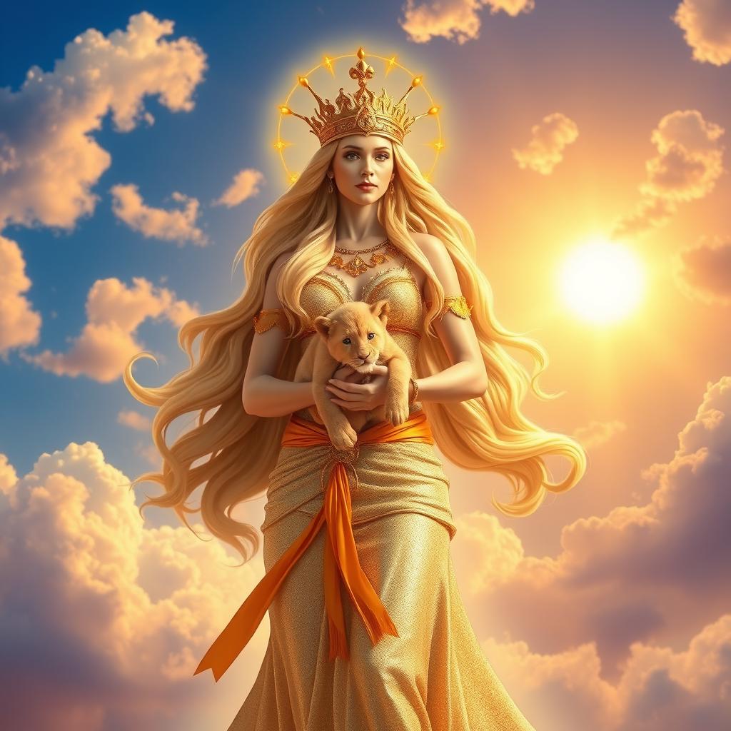 A divine Leo goddess with a regal aura, reminiscent of ancient mythology, standing gracefully on a cloud