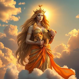 A divine Leo goddess with a regal aura, reminiscent of ancient mythology, standing gracefully on a cloud