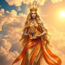 A divine Leo goddess with a regal aura, reminiscent of ancient mythology, standing gracefully on a cloud