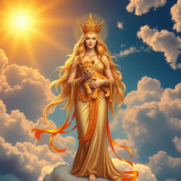 A divine Leo goddess with a regal aura, reminiscent of ancient mythology, standing gracefully on a cloud