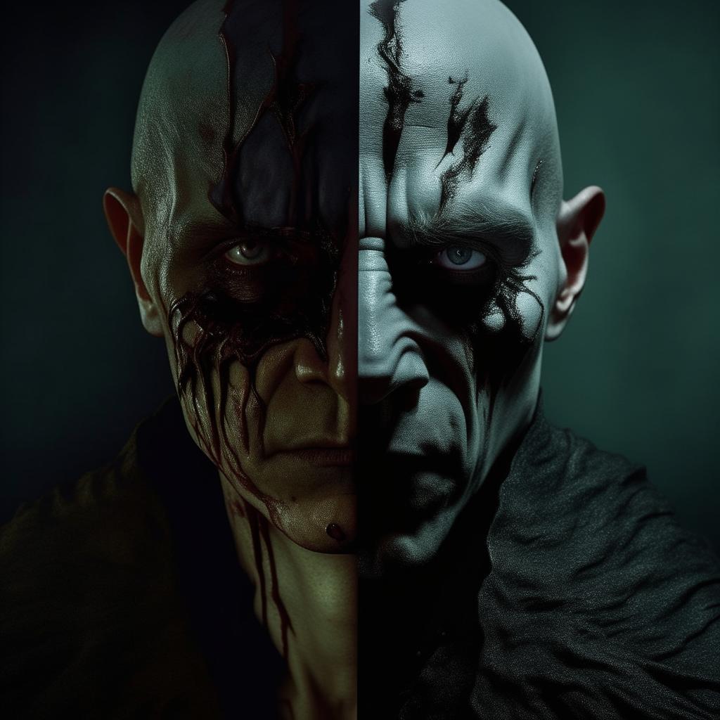 A portrait of Voldemort, the infamous wizard, where one half of his face appears to be melting away, revealing a horrifying and unsettling effect.