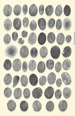 A highly detailed and artistic representation of 36 unique fingerprints, arranged in an aesthetically pleasing pattern