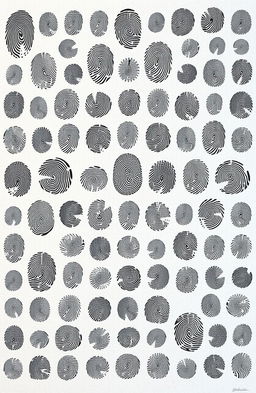 A highly detailed and artistic representation of 36 unique fingerprints, arranged in an aesthetically pleasing pattern