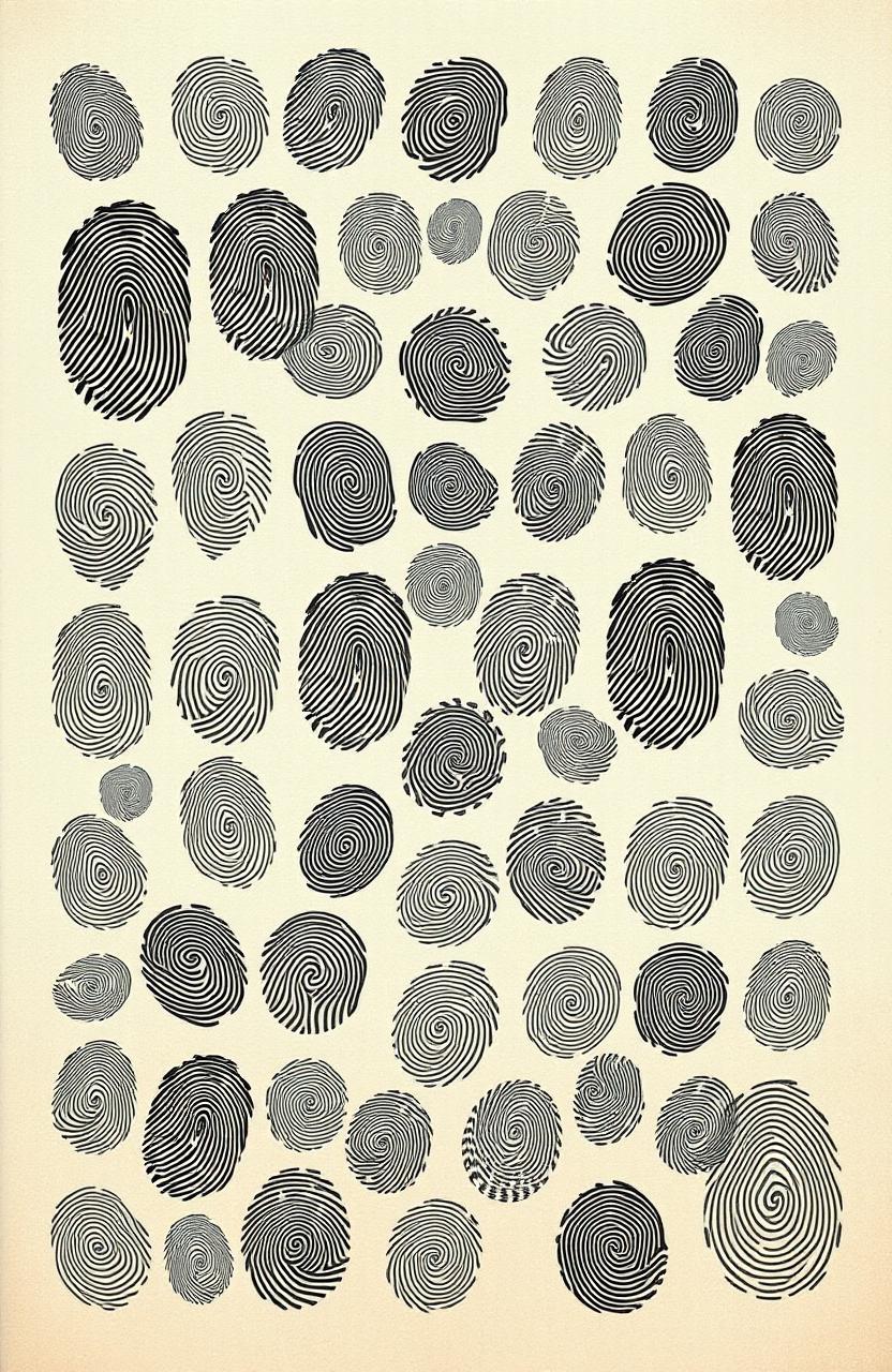 A highly detailed and artistic representation of 36 unique fingerprints, arranged in an aesthetically pleasing pattern