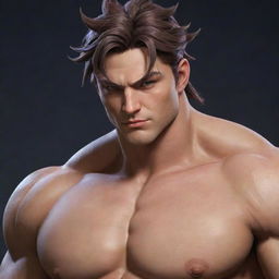 Create a detailed portrait of Sett from the video game 'League of Legends', emphasizing his formidable physique and charismatic appearance.