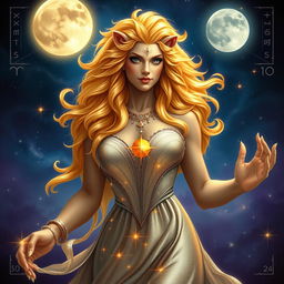 A majestic Leo goddess, embodying strength and confidence, adorned with a flowing mane of golden hair that resembles a lion's