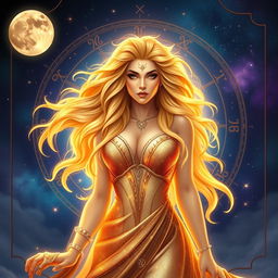 A majestic Leo goddess, embodying strength and confidence, adorned with a flowing mane of golden hair that resembles a lion's