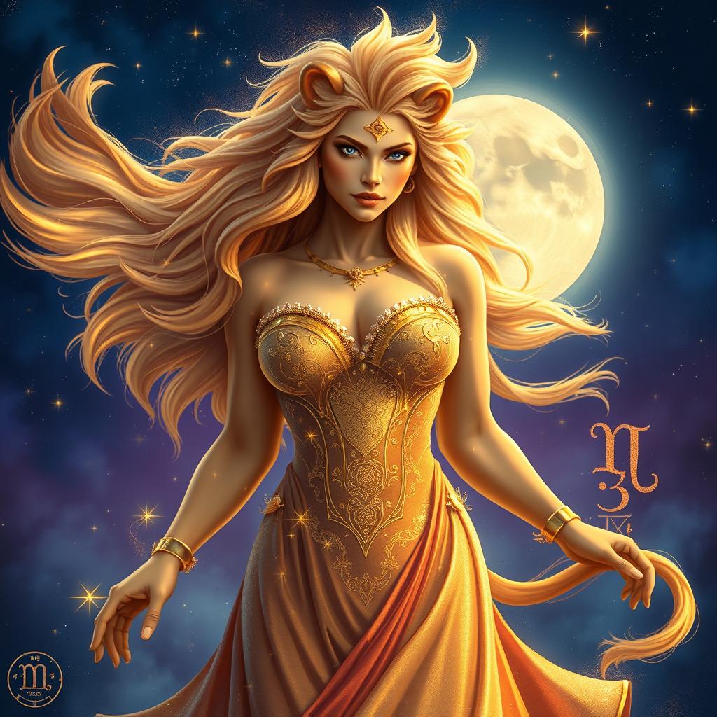 A majestic Leo goddess, embodying strength and confidence, adorned with a flowing mane of golden hair that resembles a lion's