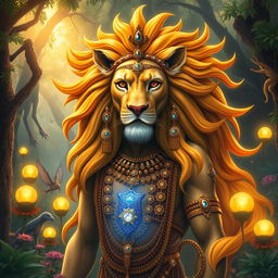 A majestic lion goddess, embodying strength and grace, with flowing golden mane resembling the rays of the sun