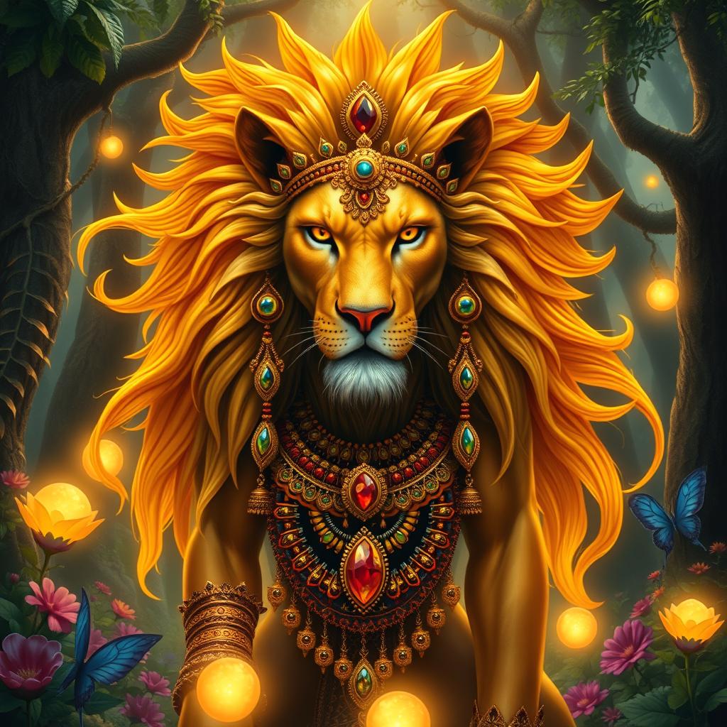 A majestic lion goddess, embodying strength and grace, with flowing golden mane resembling the rays of the sun