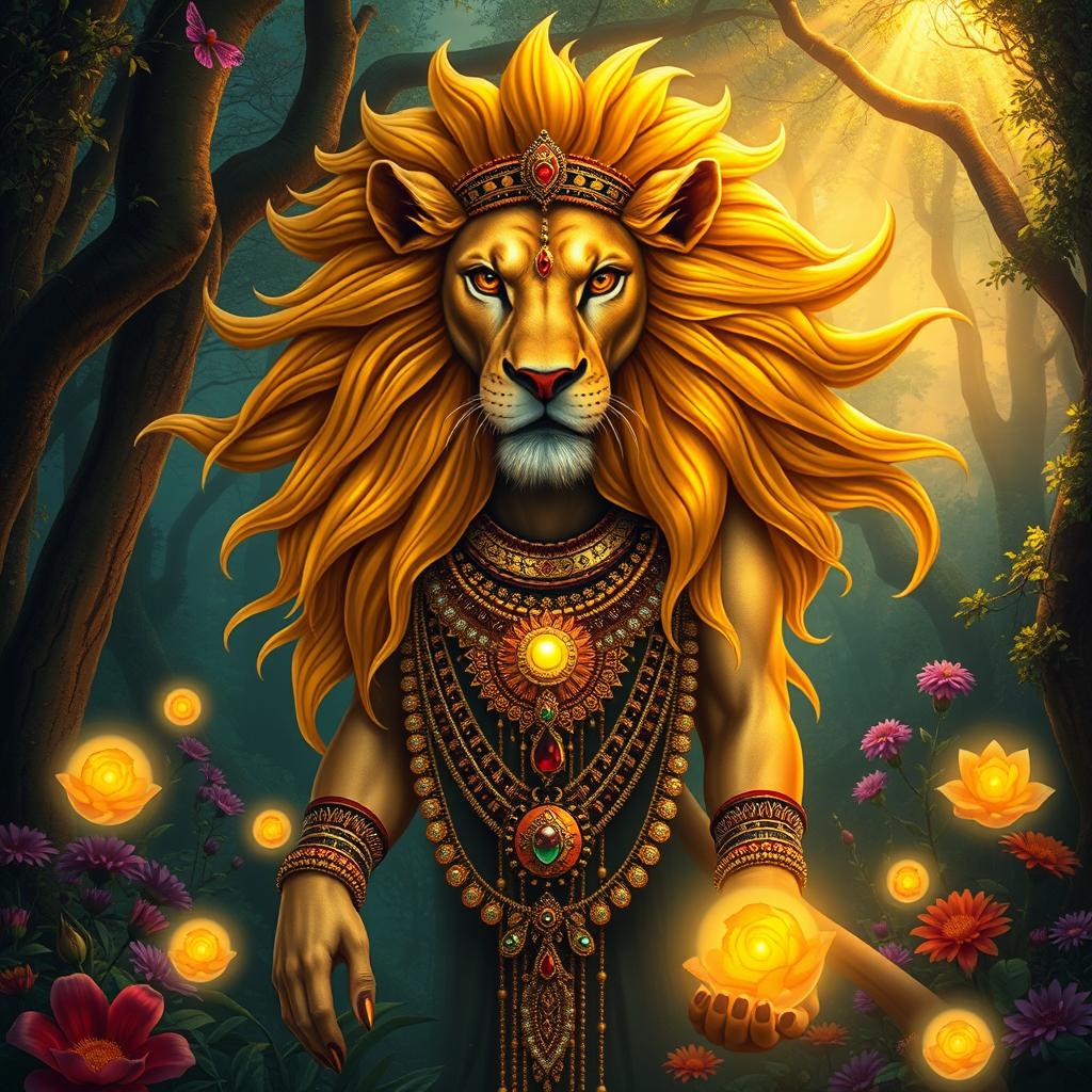 A majestic lion goddess, embodying strength and grace, with flowing golden mane resembling the rays of the sun