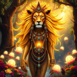 A majestic lion goddess, embodying strength and grace, with flowing golden mane resembling the rays of the sun
