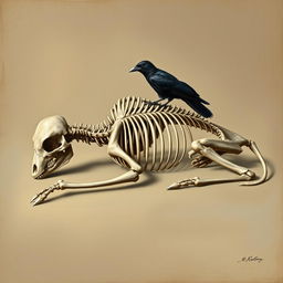 A stunning Renaissance-style illustration of a buffalo skeleton gracefully lying in a sleeping position