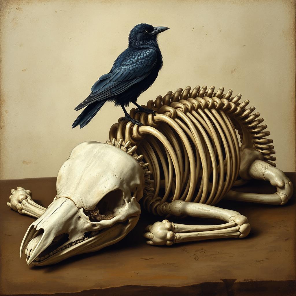 A stunning Renaissance-style illustration of a buffalo skeleton gracefully lying in a sleeping position