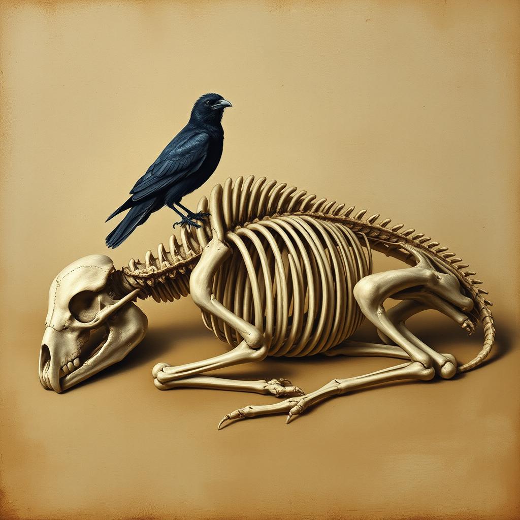 A stunning Renaissance-style illustration of a buffalo skeleton gracefully lying in a sleeping position