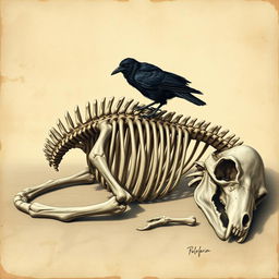 A stunning Renaissance-style illustration of a buffalo skeleton gracefully lying in a sleeping position