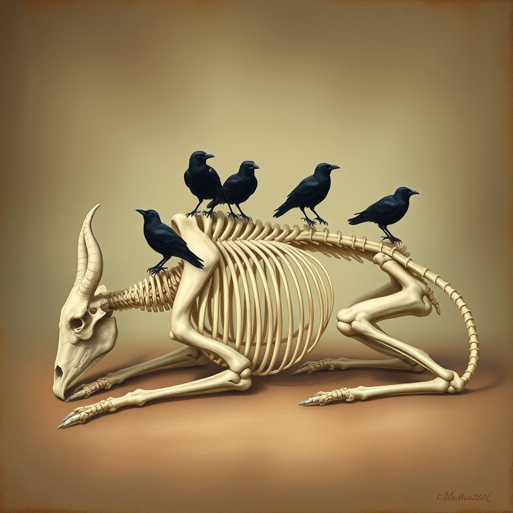 An exquisite Renaissance-style illustration of a thin bull skeleton elegantly lying in a sleeping position