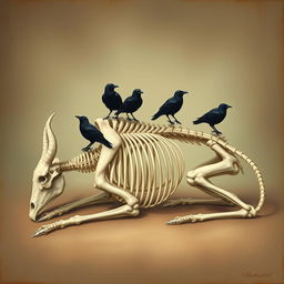 An exquisite Renaissance-style illustration of a thin bull skeleton elegantly lying in a sleeping position