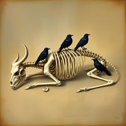 An exquisite Renaissance-style illustration of a thin bull skeleton elegantly lying in a sleeping position