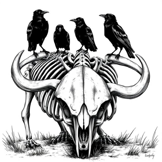 A detailed black and white hand-drawn illustration of a dead buffalo skeleton, showcasing the intricate anatomy of the bones in a realistic style