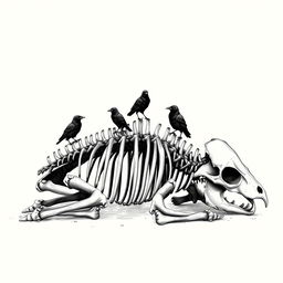 A detailed black and white hand-drawn illustration of a dead buffalo skeleton, showcasing the intricate anatomy of the bones in a realistic style