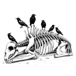 A detailed black and white hand-drawn illustration of a dead buffalo skeleton, showcasing the intricate anatomy of the bones in a realistic style