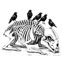 A detailed black and white hand-drawn illustration of a dead buffalo skeleton, showcasing the intricate anatomy of the bones in a realistic style