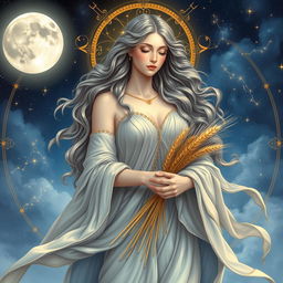 A stunning Virgo goddess depicted as a celestial figure, adorned in flowing garments that convey purity and grace