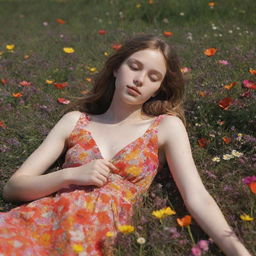 Create an animation of a girl resting on a vibrant meadow of flowers, her form skillfully drawn and alive with movement.