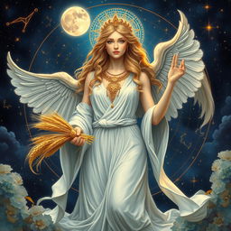 A stunning Virgo goddess depicted as a celestial figure, adorned in flowing garments that convey purity and grace