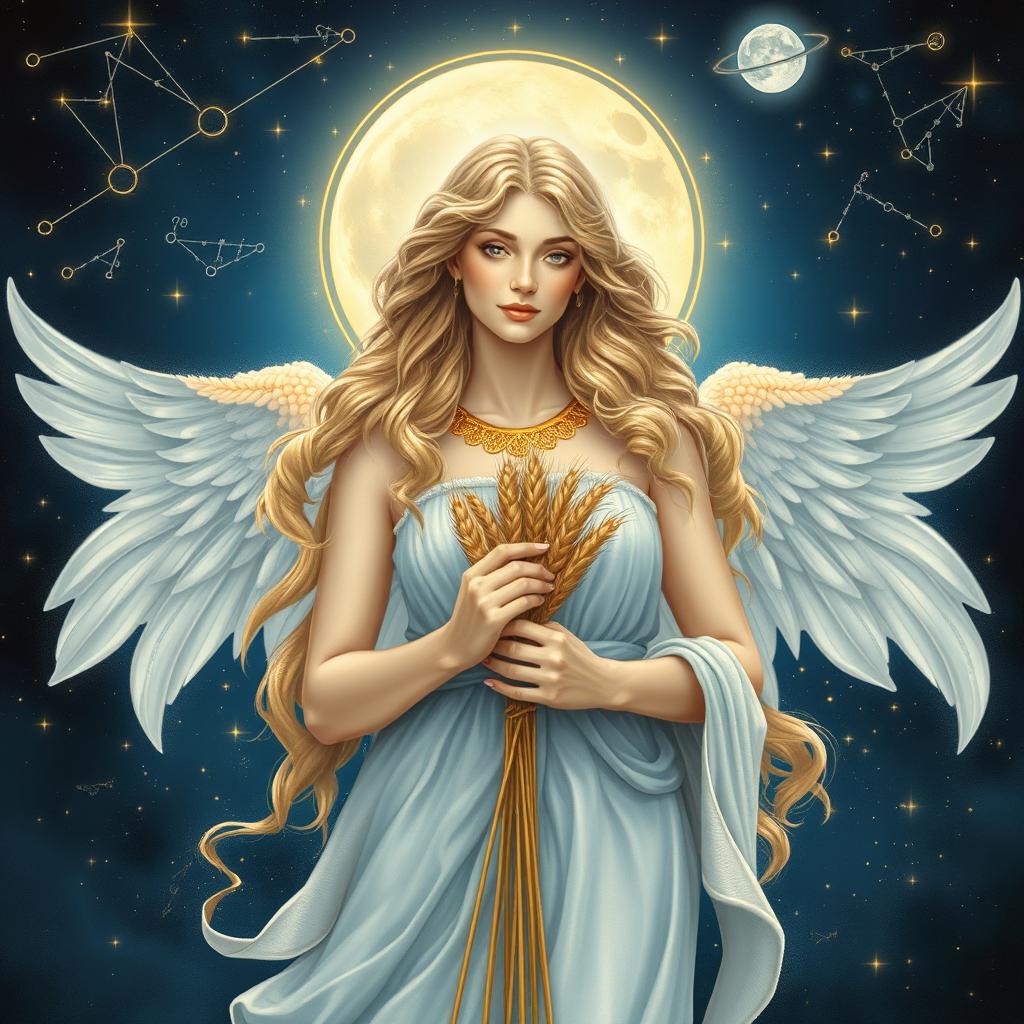 A stunning Virgo goddess depicted as a celestial figure, adorned in flowing garments that convey purity and grace