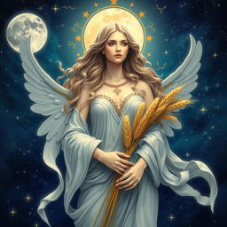 A stunning Virgo goddess depicted as a celestial figure, adorned in flowing garments that convey purity and grace