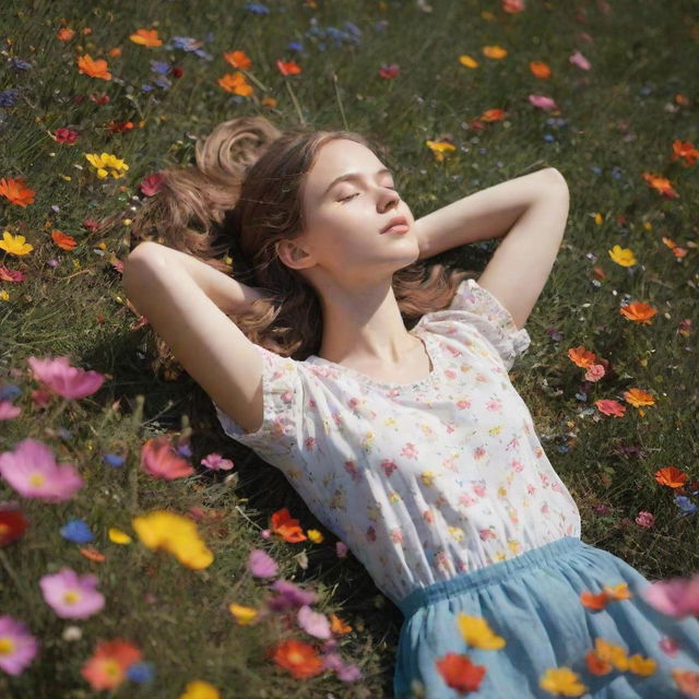 Create an animation of a girl resting on a vibrant meadow of flowers, her form skillfully drawn and alive with movement.