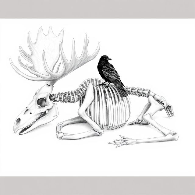 A highly detailed pencil drawing sketch of a moose skeleton positioned as if it is sleeping, featuring all skeletal bones intricately illustrated and clearly defined